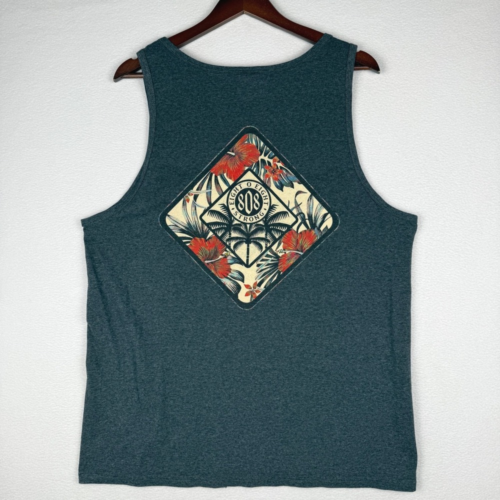Eight O Eight Strong Fruit of the Loom Tank Top Mens L Hawaii Floral Palm Trees